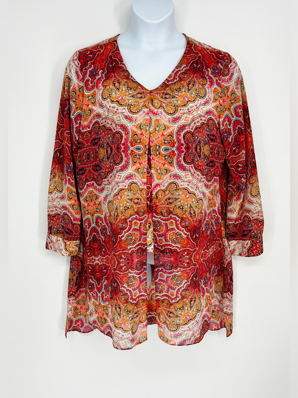 Chico's Red Multicolor Paisley V-Neck Lined Overlay Tunic Blouse Sz 2 Large